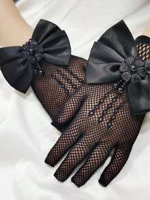 1 Pair Children's Bow Decor Hollow Out Breathable Princess Party Gloves, Fashion & Versatile For Party, Wedding - Black - View 2