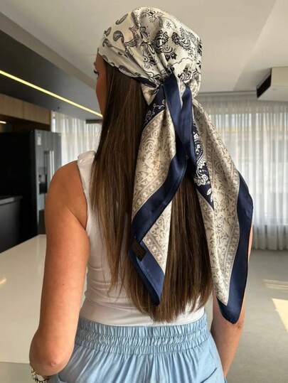 1PC Women Blue And White Paisley Printed Bandana Square Towel, Women Satin Square Silk Feeling Hair Scarf Wrap Headscarf