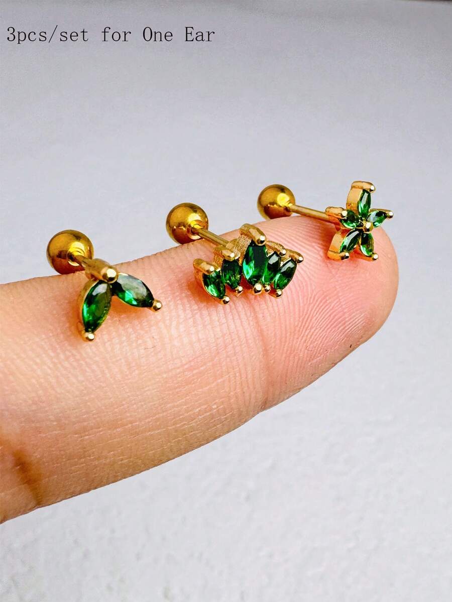 3pcs Emerald Green Zirconia Teardrop Stud Earrings, 18K Gold Plated Flower Cartilage Earrings, Stackable For Multiple Piercings, Suitable For Daily Wear - Gold-4# - View 1