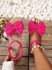 Wide Fit Women's 2025 Summer New Strap Butterfly Decor Elastic Ankle Strap Flat Sandals, Lightweight, Comfortable, Non-Slip, Suitable For Home, Leisure And Daily Wear