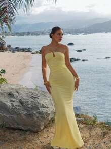 Women's Solid Color Metal Buckle Decor Casual Vacation Sexy Bandeau Dress