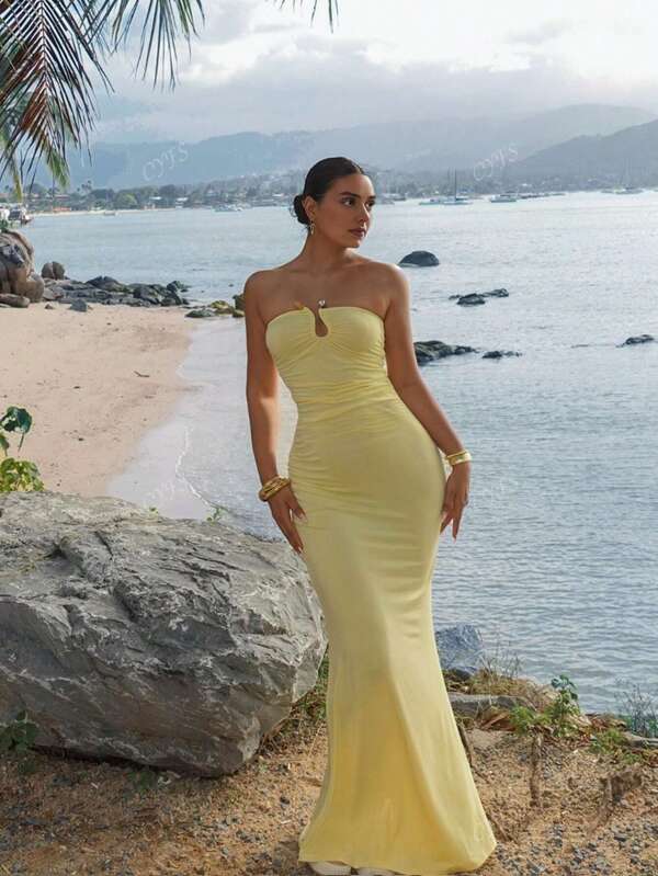 Women's Solid Color Metal Buckle Decor Casual Vacation Sexy Bandeau Dress