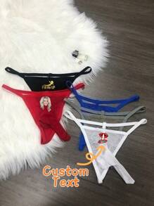1pc Customized Sexy String Thong With Personalized Photo/Image/Portrait/Funny Print, Charming Ice Silk Panty, Great Gift For Anniversary, Memorial Day, Birthday, Friend, Lover