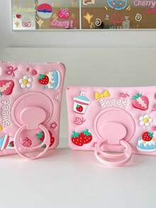 IPad Case With Pencil Slot, Silicone IPad Air 6, 10.2inch 9th Gen 8, Cartoon Pink Strawberry Flower Pattern Suitable For IPad 2024 Pro 11, 9.7, 3 Mini 4 5, Anti-Fall IPad 10 Protective Cover - Pink - View 2