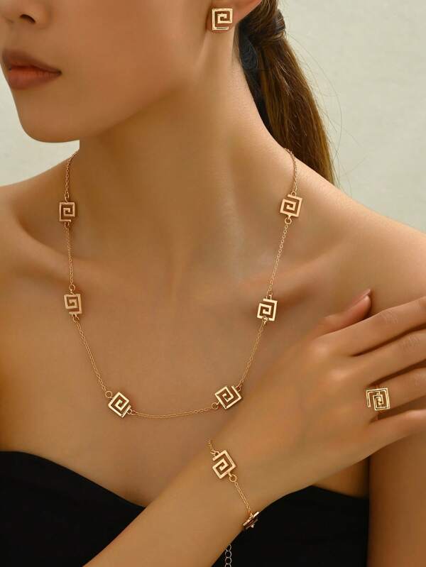 طقم مجوهرات ذهبي مطلي بطبعة هندسية كلاسيكية بسيطة - 4 قطع من سبائك الزنك تشمل قلادة وأقراط وسوار وخاتم، مناسب للارتداء اليومي والإجازات