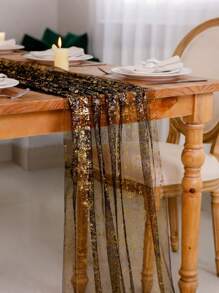1pc Sheer Organza Table Runner, Party Dining Table Decor, Metallic Foil Gauze Table Runner, Suitable For Halloween, Christmas, Weddings, Birthdays, Influencer Restaurants, Food Photography Backdrops, Eid Al-Fitr Decoration