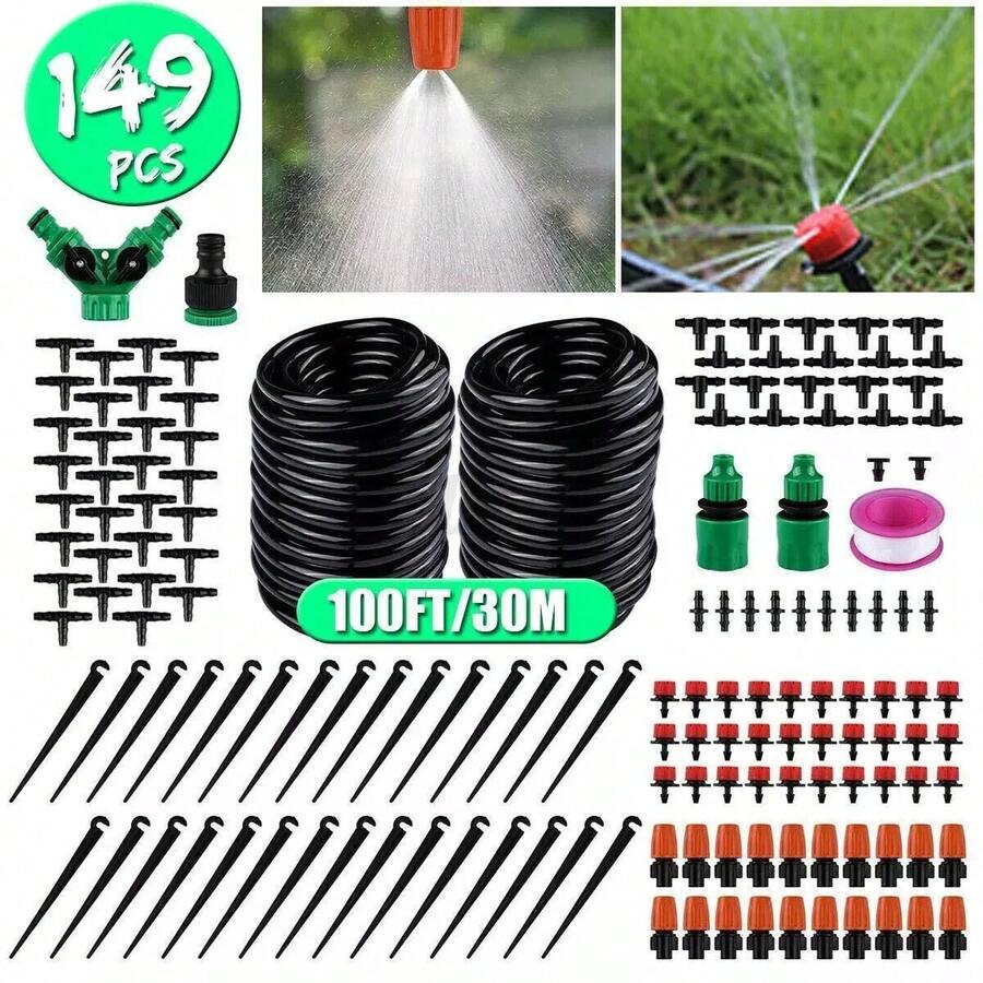100ft Drip Irrigation System Garden Plant Self Watering Hose Micro Sprinkler Kit,Blank Distribution Tubing Watering Drip Kit Automatic Irrigation Equipment For Garden Greenhouse, Flower Bed, Patio, Lawn - 黑色 - 查看 1