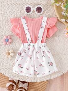 2pcs/Set Baby Girls Cute Short Sleeve Romper + Overalls Set, Lightweight Summer