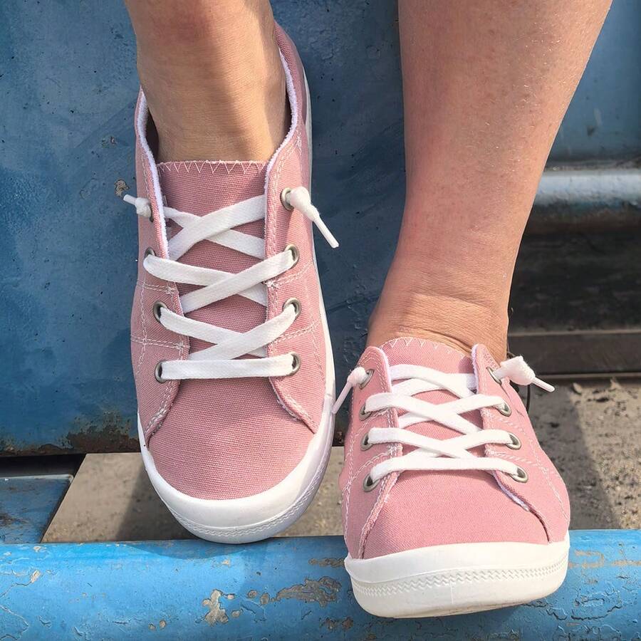 Women's Spring And Summer New Pink Flats Are Fashionable And Versatile, Comfortable Shallow Round Toe Lace-Up Low-Top Soft Soles, Breathable Casual Sports Plus Size Women's Shoes - Hồng - Xem 1