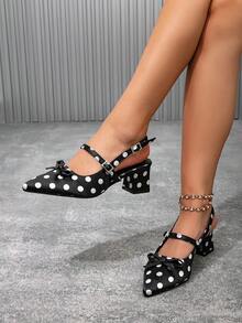 Jesień/zima 2025 Damskie sandały na grubym obcasie z okrągłym paskiem w groszki i metalową klamrą, modne pantofle, zakryte palce, zdobione kokardą, wygodne, eleganckie, damskie czółenka, eleganckie - Czarne i Białe - Zobacz 3