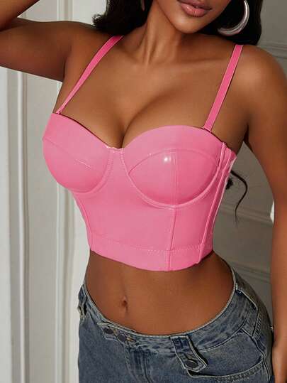 Apperloth A Sexy Spaghetti Strap PU Leather Crop Top, Revealing Midriff, Suitable For Music Festivals And Valentine's Day Pink Spring