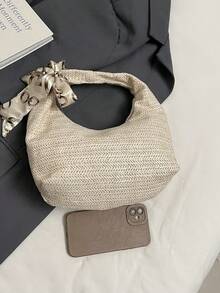 丝巾装饰草编托特包，时尚编织新月形单肩包，纯色休闲大号单肩托特包，百搭通勤包，法棍包 - 米色 - 查看 9