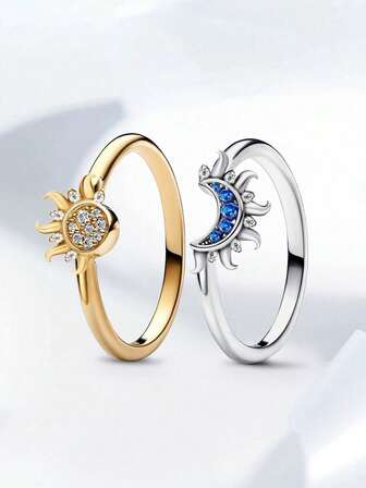 2 PC 925 Sterling Silver Luxury Statement Sun And Moon Zirconia Stackable Set Rings For Women, Perfect For Valentine's Day Weddings Birthdays Parties Fine Jewelry