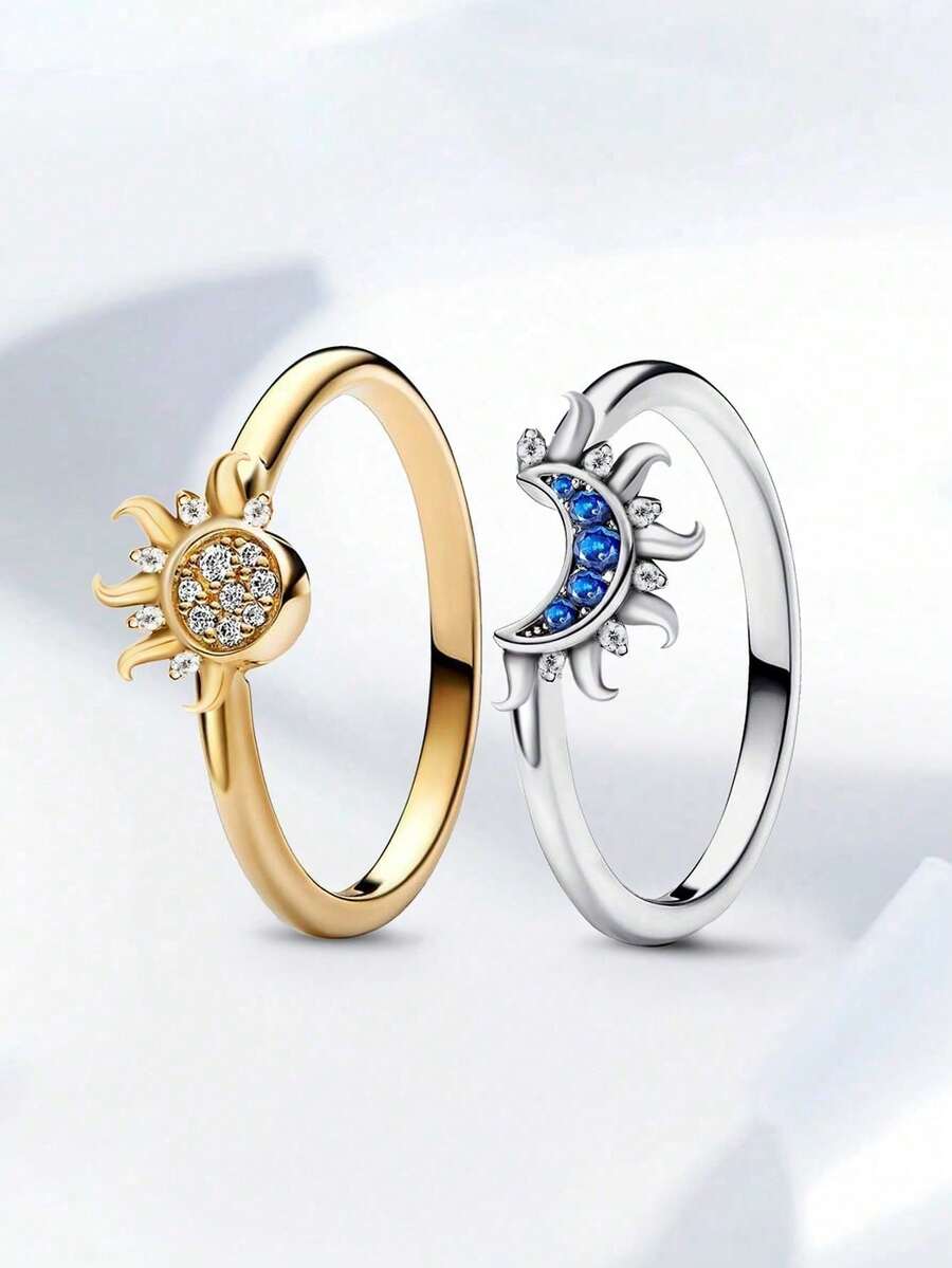 2pcs 925 Sterling Silver Luxury Sun & Moon Cubic Zirconia Stackable Ring Set, Perfect For Women On Occasions Like Valentine's Day, Wedding, Birthday Party, Exquisite Jewelry