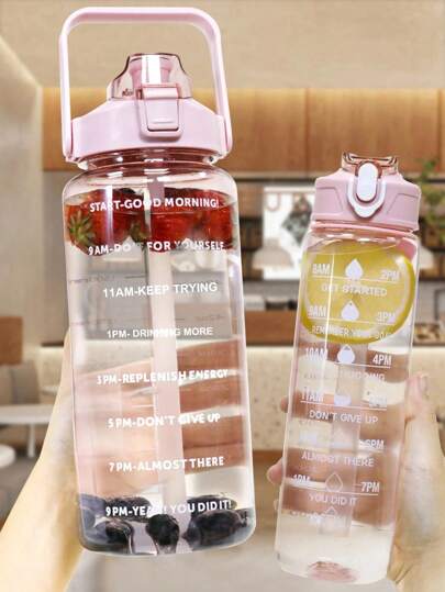 1/2 piezas Botella de agua de 2000ml o 750ml con marcador del tiempo, a prueba de fugas, con flujo de agua rápido. Botellas de agua para fitness, gimnasio, al aire libre, oficina, de vuelta a la escuela, con pajita y gran capacidad. Esenciales para un viaje de verano a la playa