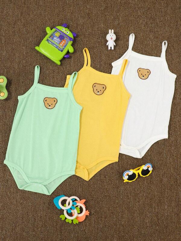 3 sztuki/zestaw niemowlęcych pajacyków dla chłopców, trójkątny wzór, miękka tkanina modalna, haftowany miś, kombinezon bez rękawów, odpowiedni do użytku domowego i na zewnątrz, lato