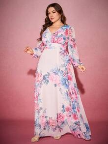 Đầm thanh lịch cổ tim cho nữ cỡ lớn, eo thắt sau, họa tiết hoa ngẫu nhiên, tay áo lồng đèn - Màu Hồng baby - Xem 3