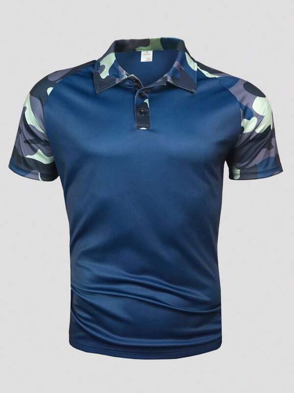 قميص بولو كلاسيكي بأكمام قصيرة مطبوع بنقشة الزهور الكامو ذو القصة الضيقة للرجال
