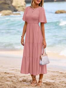 Women's Spring/Summer Casual Flutter Short Sleeve Midi Dress Cowl Layered Out Dresses - 粉色 - 查看 5