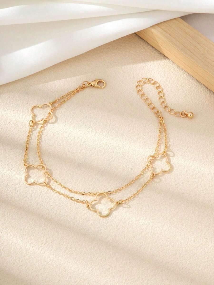 1pc Fashion Minimalist Hollow Clover Double Layer Anklet