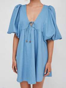 Women Solid Denim Babydoll Dress Loose Tie-Up Deep V Neck Puff Sleeve Short Swing Dress