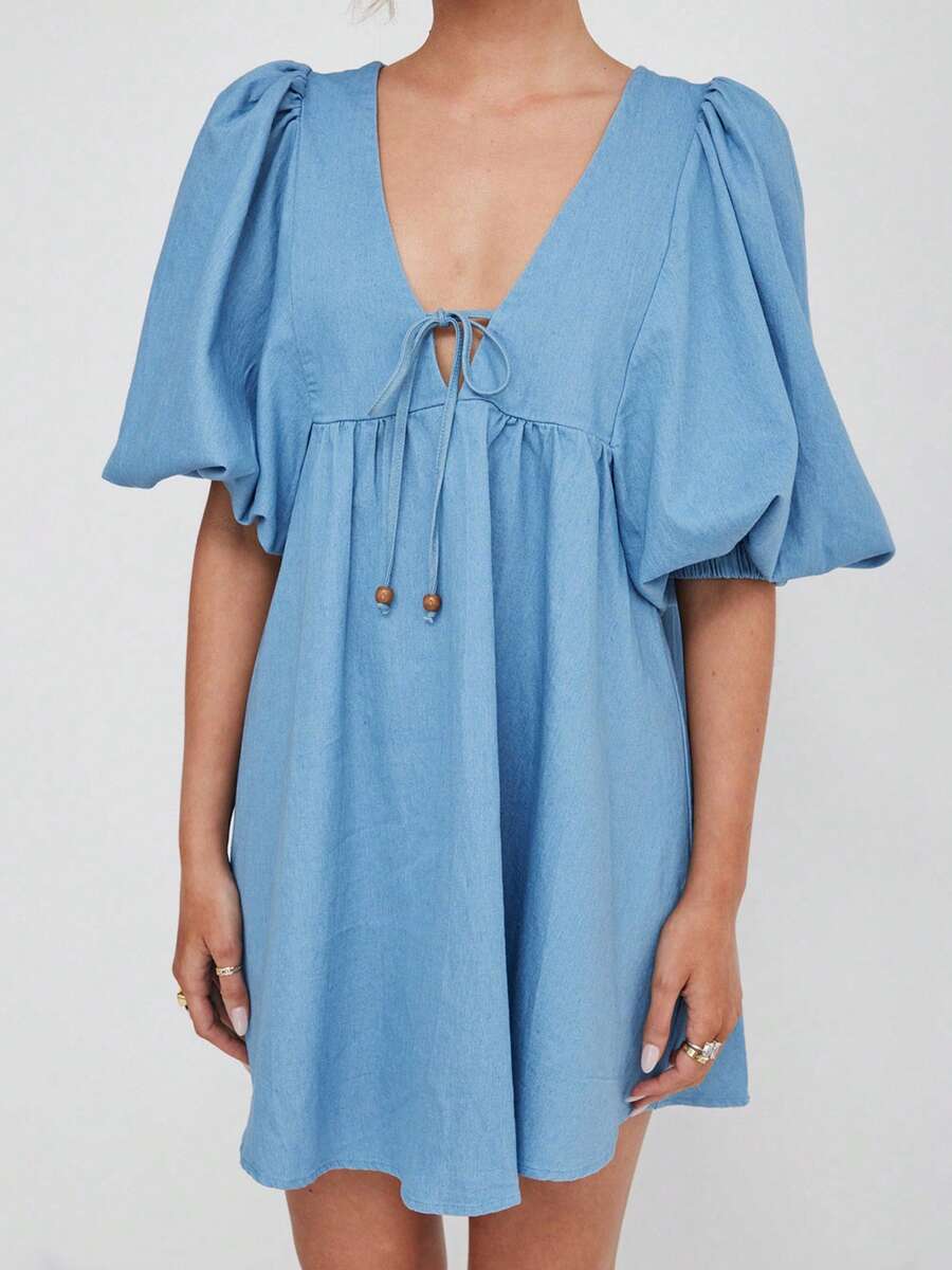 Women Solid Denim Babydoll Dress Loose Tie-Up Deep V Neck Puff Sleeve Short Swing Dress