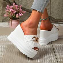 Women's 2025 Spring New Wedge Slippers, Versatile Outdoor Wear For Petite, Platform Thick Bottom Lining, Peep Toe Sandals With Wedge Heel, Sweet Bow And Floral Decor