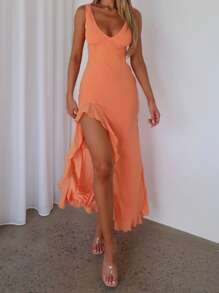 Damska 1 Flirty Orange Ruffle Hem Slit Maxi Dress z Głębokim Dekoltem w Serek, Elegancki Styl Wieczorowy, Idealna Na Kolację I Koktajle