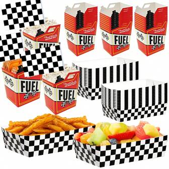 Paquete de 12/24 cajas de palomitas de maíz con diseño de coches de , bandejas para comida, cajas de cartón para aperitivos, galletas y dulces con diseños a cuadros blanco y negro, y banderas de como decoración para fiestas de cumpleaños, baby shower y fiestas con temática de coches de carreras