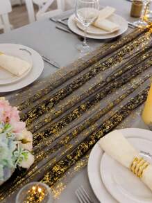 1pc Sheer Organza Table Runner, Party Dining Table Decor, Metallic Foil Gauze Table Runner, Suitable For Halloween, Christmas, Weddings, Birthdays, Influencer Restaurants, Food Photography Backdrops, Eid Al-Fitr Decoration