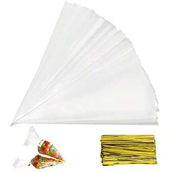 100 sacs cônes en polypropylène transparent avec attaches torsadées dorées métalliques. Sacs transparents triangulaires polyvalents pour confiseries, collations et friandises. Emballage alimentaire en plastique sûr pour cadeaux de fête et buffets de bonbons