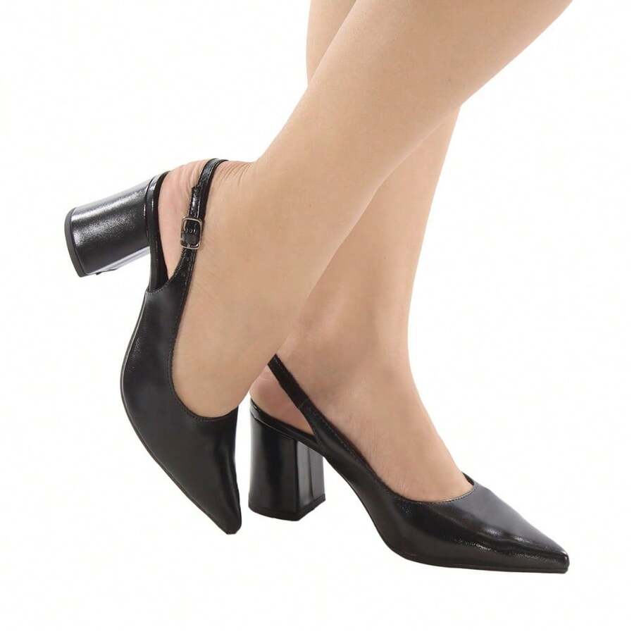 Women's Pointed Toe Slingback Pumps Button Back Strap High Block Heel 7cm Formal Soft Plain - Black - View 1