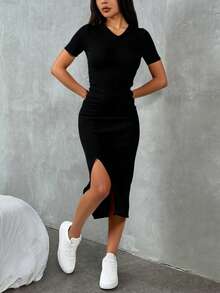 Set conjunto 2 piezas casual sport gym yoga fitness dama mujer tejido stretch cómodo blusa cuello en V manga corta bajo recto falda larga recta pretina elástica abertura en costado calor primavera verano jardín playa comida salida diario clase caminar - Negro - Ver 3