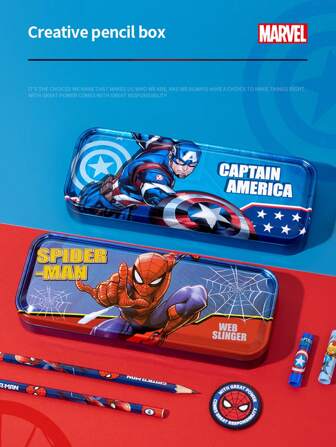 Disney Spider-Man Stationery Box Primary School Boys Double Layer Large Capacity Multifunctional Stationery Bag Girls Boys Marvel Iron Pencil Case Children's School Supplies