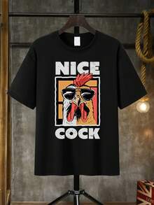 Men's Fashion Cartoon Chicken Print T-Shirt - Black - View 1