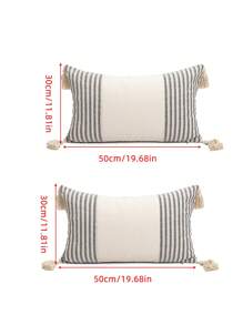 1 pieza/2 piezas Fundas de cojín con estampado de rayas grises y blancas, de tela de lona de algodón, con diseño de flecos en las cuatro esquinas, efecto bicolor, estilo nórdico para sala de estar, sofá, dormitorio, 30*50cm, 45*45cm