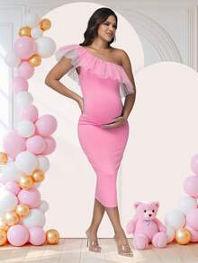 JustVH Maternity Sheer Collar Midi Dress, Suitable For Baby Shower Party And Photo Shoot Pink Spring - Pink - View 6