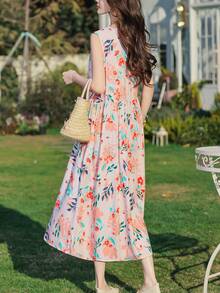 1 件女士休闲印花时尚优雅中长连衣裙，夏季 - 粉色 - 查看 3