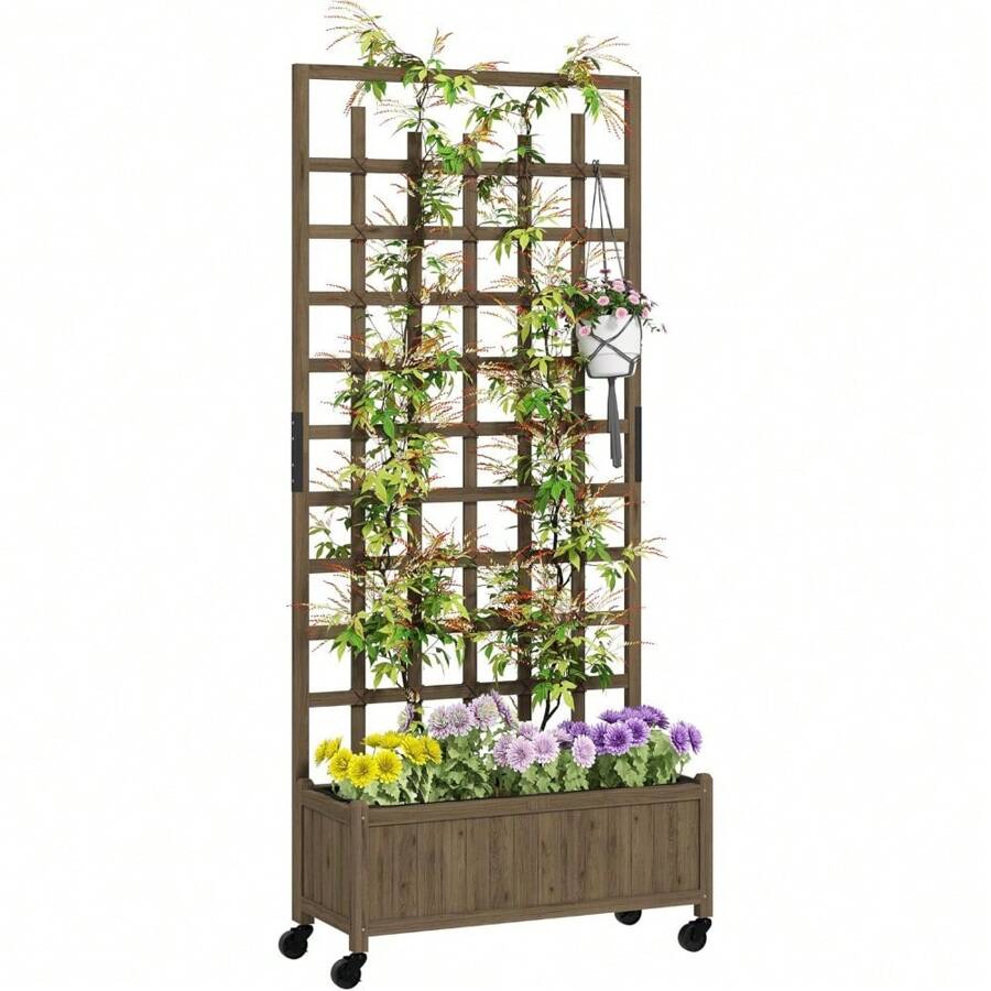 Wooden Trellis Planter, Raised Beds For Garden With Wheels And Drainage Holes, Privacy Screen Planter Box To Grow Vegetables, Herbs And Flowers For Garden, Patio, Deck, Natural
