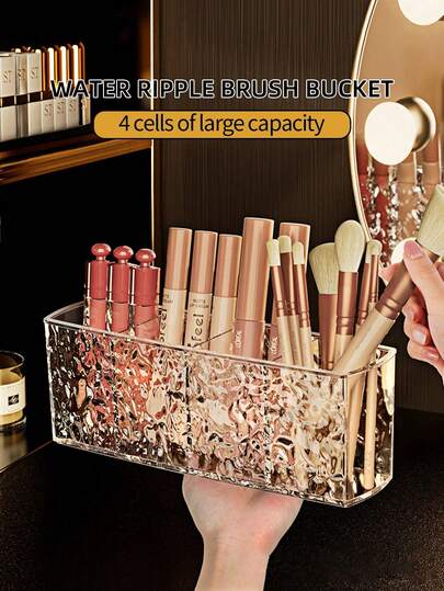 Water Wave 4-Section Pen Holder Makeup Brush Cup – Desktop Organizer, Transparent Acrylic Square Compartment Cosmetic Brush Storage Box For Vanity, Lipstick, Eyebrow Pencils, Mirror Cabinet. Ins-Style Water Wave Acrylic Multi-Compartment Desk Organizer For Dormitory, Art Brushes, Transparent Makeup Brush Holder, Cosmetic & Nail Tool Storage Case
