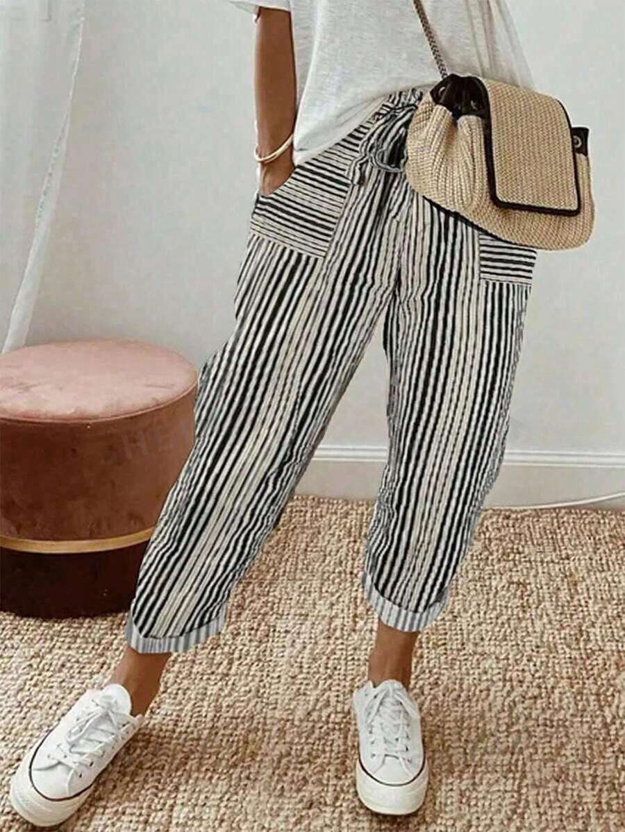 Striped Elastic Waistband Tapered Pants With Diagonal Pockets And Straps, Casual And Versatile, Women's Spring And Autumn Casual Drawstring, Pocket Natural Jogging Cut Black And White Striped Regular Fit Women's Pants, Casual Daily Wear - White - View 1