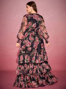 Abito lungo ed elegante da donna taglie forti, con scollo a V incrociato, maniche a lanterna e stampa casuale di fiori