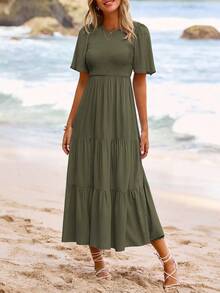 Women's Spring/Summer Casual Flutter Short Sleeve Midi Dress Cowl Layered Out Dresses - 軍綠色 - 查看 4