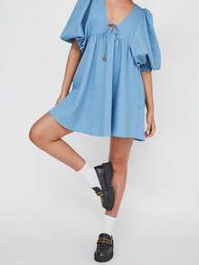 Women Solid Denim Babydoll Dress Loose Tie-Up Deep V Neck Puff Sleeve Short Swing Dress