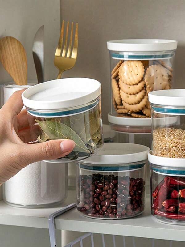1 transparante plastic verzegelde voorraadpot, keukenvoedselgranencontainer met deksel, plastic huishouddoorzichtige opbergdoos, kleine theebus, decoratieve displayfles