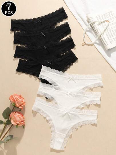 7pcs Pack Sexy Lace Underwear, Lightweight Breathable Mesh Crotch Thong Panties For Women