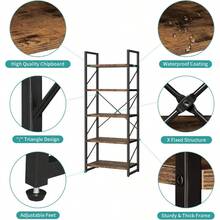5 Tiers Bookshelf Artsy Modern Bookcase Book Rack Storage Rack Shees Books Holder Organizer For Books Movies In Living Room Home Office Rustic Brown Book Shees - RusticBrown - View 7
