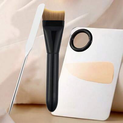 妆前粉底美容工具套装 - 单线粉底刷无粉平头粉底化妆刷，双头奶油刮刀粉底混合棒，化妆粉底遮瑕指环调色板，化妆，便宜，房间装饰，梳妆台，旅行，卧室，化妆配件
