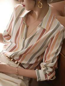 New Loose Long Sleeve Women Blouse, Button-Up Plain Color Shirts - 彩色 - 查看 3