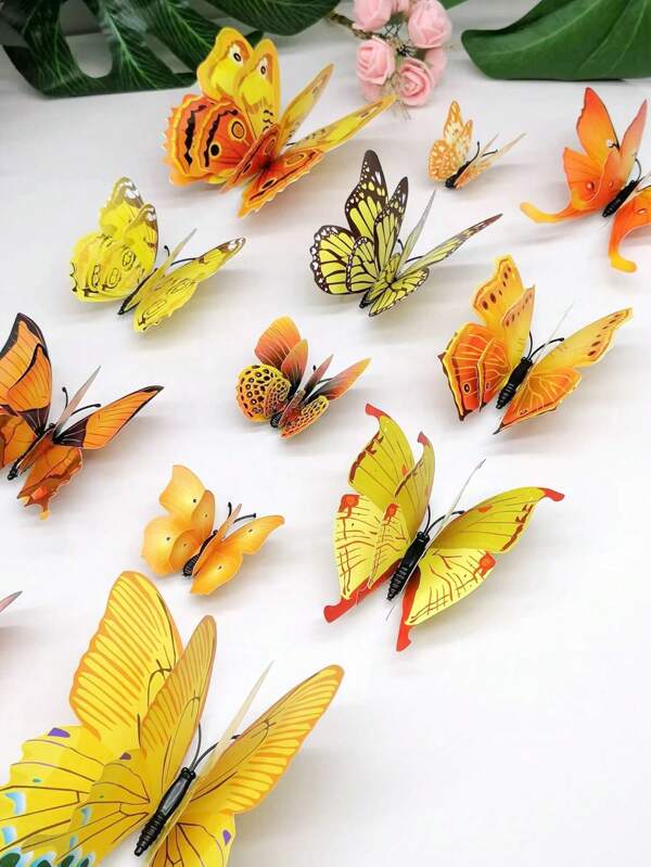 12pcs Yellow Double-Layer Fake Butterfly Stickers Set Personalised Stickers